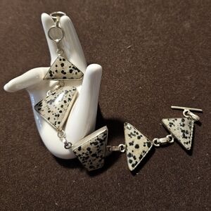 Dalmatian Jasper Trianglar Shape Stones Sterling Silver .925 Bracelet